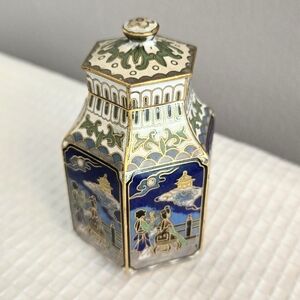 Vtg Enamel Panelled Container Toothpick Match Stick Holder Asian Women Scene